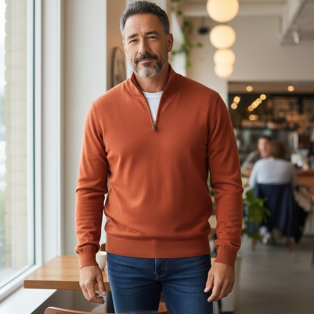 Neiman Marcus 1/4 Zip Sweater Mens L Orange Wool Blend Italy Mock Neck Pullover